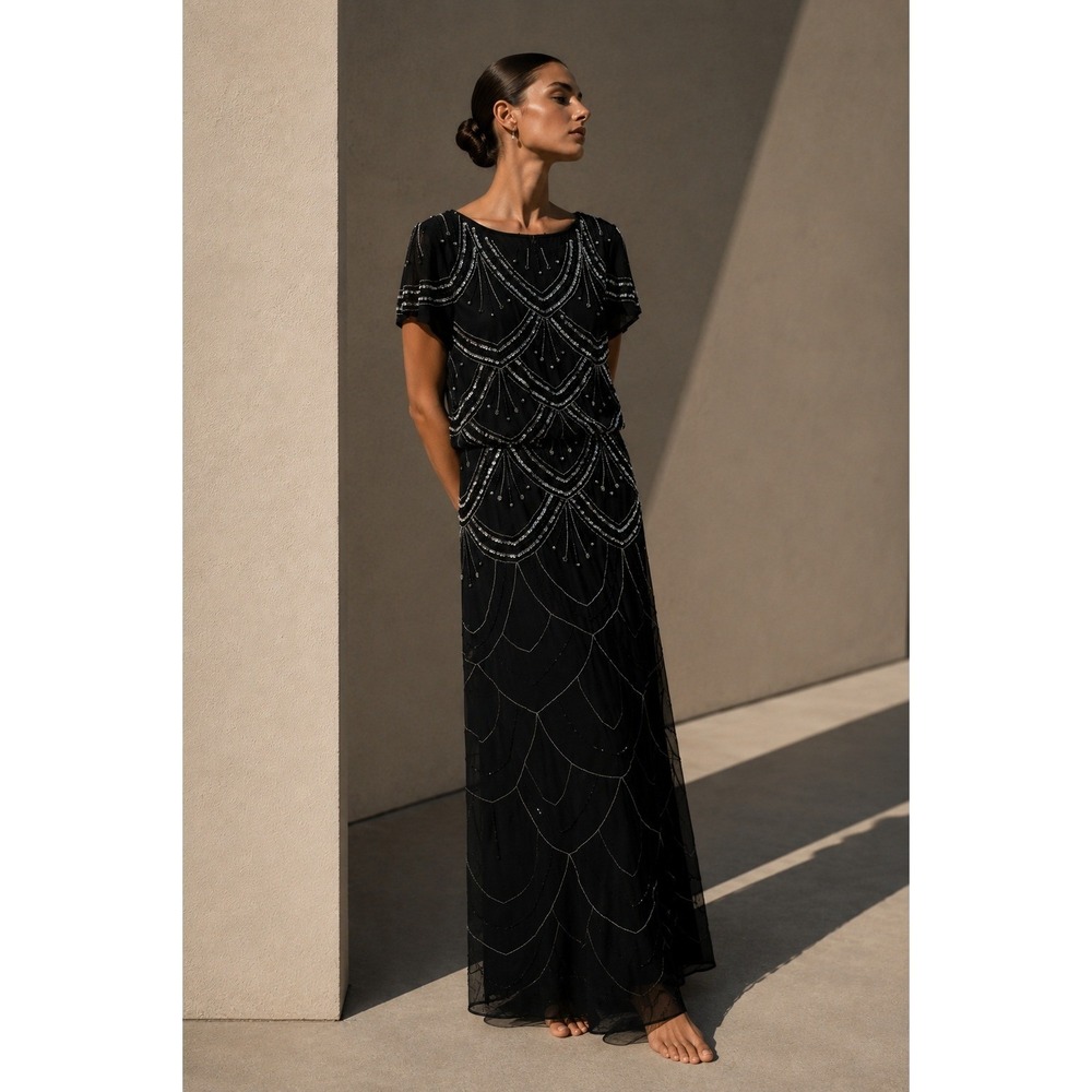 Adrianna Papell Beaded Gown Women 14 Art Deco Sequin Mesh Evening Dress Black‎